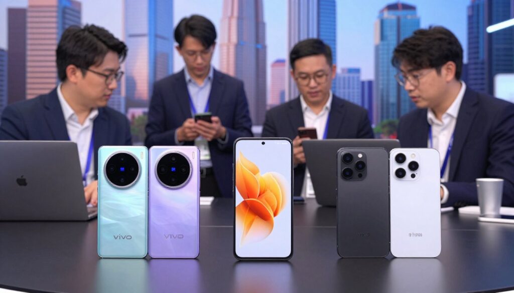 A modern smartphone flagship comparison scene featuring the Vivo X100 and its competitors in the Indonesian market. In the foreground, the sleek designs of the Vivo X100, Samsung Galaxy S series, and Apple iPhone stand prominently on a reflective surface, showcasing their vibrant display screens. The middle ground includes tech enthusiasts in professional business attire discussing the phones, with laptops and digital devices around them. The background features a stylish city skyline, hinting at a tech expo. Soft, ambient lighting highlights the devices, creating a friendly and innovative atmosphere. The image captures the essence of competition in smartphone technology, emphasizing the Vivo X100’s position among flagship devices. High-resolution details and a slight depth of field effect lend a professional touch.