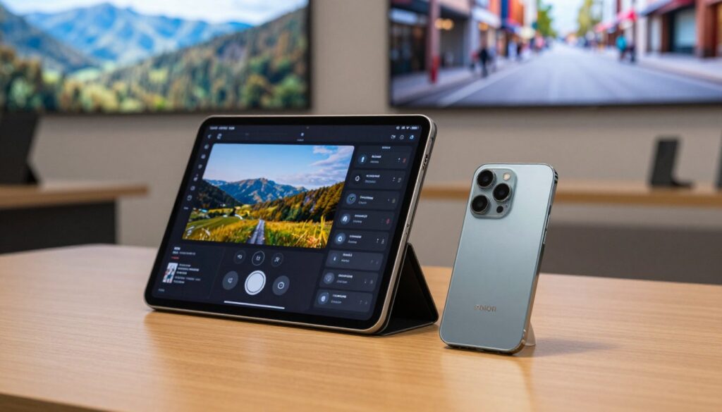 A modern tablet and a sleek smartphone prominently displayed on a wooden table. The tablet is open, showcasing a vibrant camera interface with various tools and features, while the smartphone is angled to reveal its dual-camera system. In the background, blurred images of scenic landscapes and a bustling city street displayed on a wall-mounted screen hint at their photography capabilities. Soft, natural lighting illuminates the scene, casting gentle shadows, while a professional ambiance underscores the importance of photography beyond selfies. The focus is sharp on the devices, creating an inviting and informative atmosphere for the viewer.
